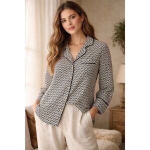Anthropologie Black‎ White Geometric Pajama Top Small Button Front Sleep Blouse